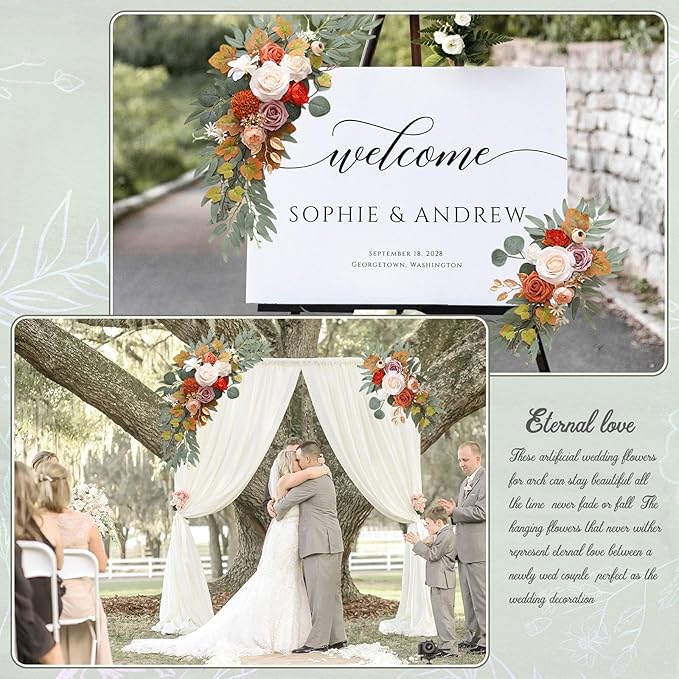 Faux Flower Swag Set of 2, Orange Artificial Flowers Swags for Wedding Arch, Wedding Welcome Signs, Welcome Reception Ceremony Signs Decorations