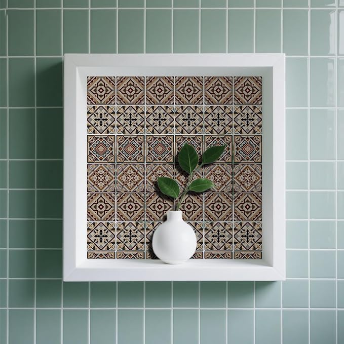 CHGCRAFT 36 Pcs 4 Style Wall Stickers Beige Geometric Peel and Stick Wall Tile Sticker Retro Texture Pattern Waterproof Self Adhesive Stick on Tile Decals for Kitchen Bathroom Art Decor, 4×4 Inch