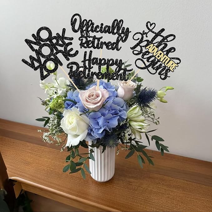 Ephlyn 16Pcs Happy Retirement Centerpiece Sticks Officially Retired Table Flower Centerpieces Sticks No Work Zone Floral Decorations for Farewell Birthday Party Centerpieces Supplies Black