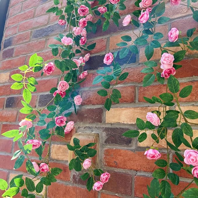 6FT Bendable Pink Rose Flower Garland, Artificial Silk Wild Roses Vine Leaves Hanging Flowers for Wall Fireplace Fence Trellis Wedding Baby Shower Room Home Spring Summer Decor(2PC)