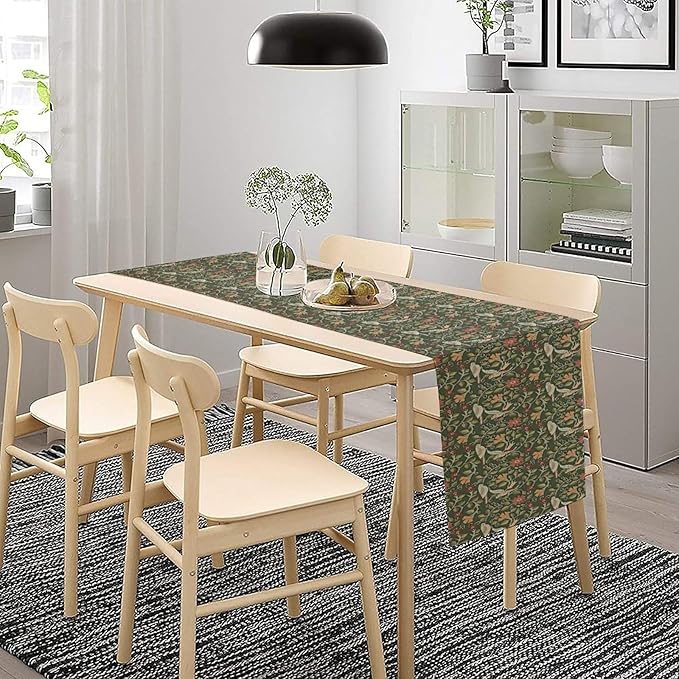 William Morris Table Runner, Vintage Boho Green Botanical Flowers Birds Tabletop Decoration for Kitchen Dining Indoor Outdoor Home Holiday Party, 13x70 Inch