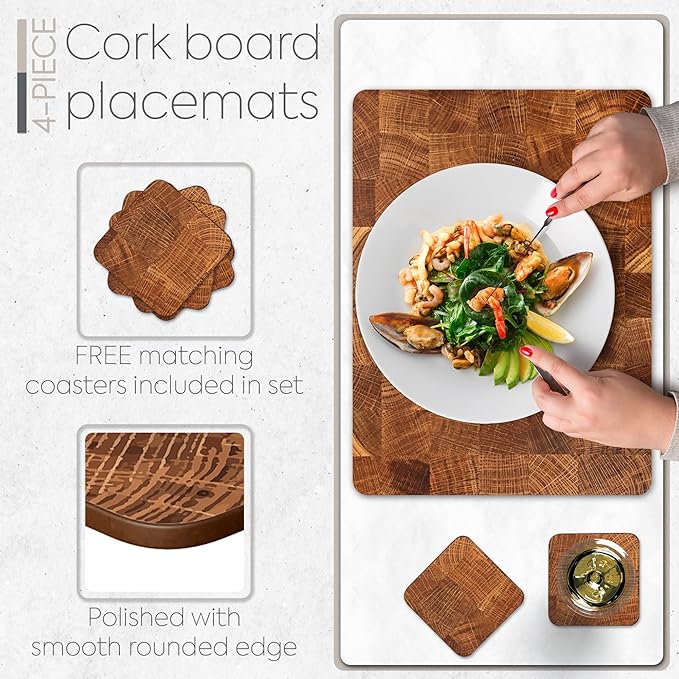 Set of 4 Heat Resistant Cork Placemats for Dining Table with Free Set of 4 Matching Drink Coasters Marble Design 16 x 12 Inches Cork Backed Hard Placemats (Honey Oak)