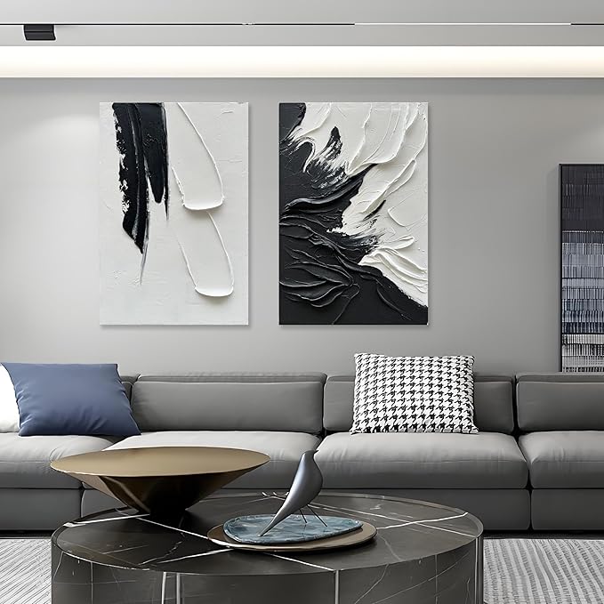 Epicler art Hand painted black and white abstract wall decoration oil Thick texture Minimalist art 36x24 inches