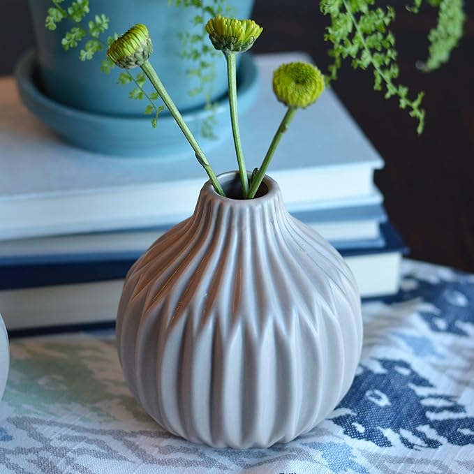 2 Piece Iconic Scandi Vase Set, Neutral Beige, Geometric, Stoneware, 4.25 Inches, Bud Flower Opening, Gourd Shape, Single Stem Vessel