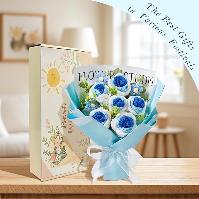 Blue Crochet Flower Bouquet, Blue Knitted Flowers Rose Crochet Bouquet Handmade for Wedding, Anniversary, Christmas, Graduation Crochet Gifts for Women (Includes Card)
