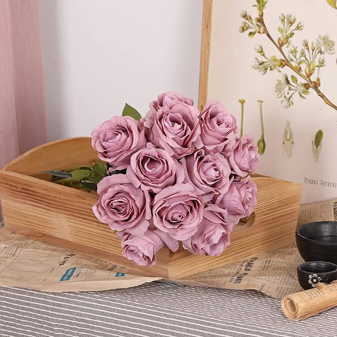 Nubry Artificial Silk Rose Flower Single Stem Lifelike Vintage Fake Rose for Wedding Bouquet Floral Arrangements Home Party Centerpiece Decoration, 10pcs (Vintage Mauve)