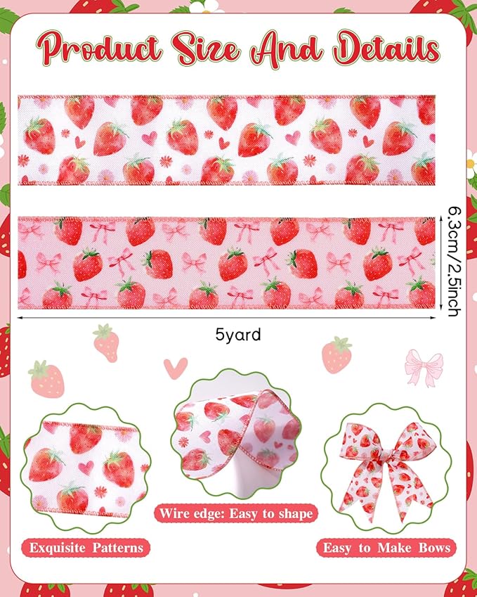2 Roll 10 Yards Strawberry Wired Edge Ribbon 2.5 Inch Strawberry Bow Heart Daisy Fabric Ribbon Strawberry Gift Wrapping Ribbon for Crafts, Hair Bows, Wreath, Summer Party, Holiday Decor