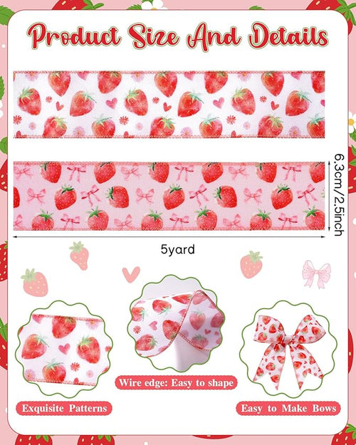 2 Roll 10 Yards Strawberry Wired Edge Ribbon 2.5 Inch Strawberry Bow Heart Daisy Fabric Ribbon Strawberry Gift Wrapping Ribbon for Crafts, Hair Bows, Wreath, Summer Party, Holiday Decor