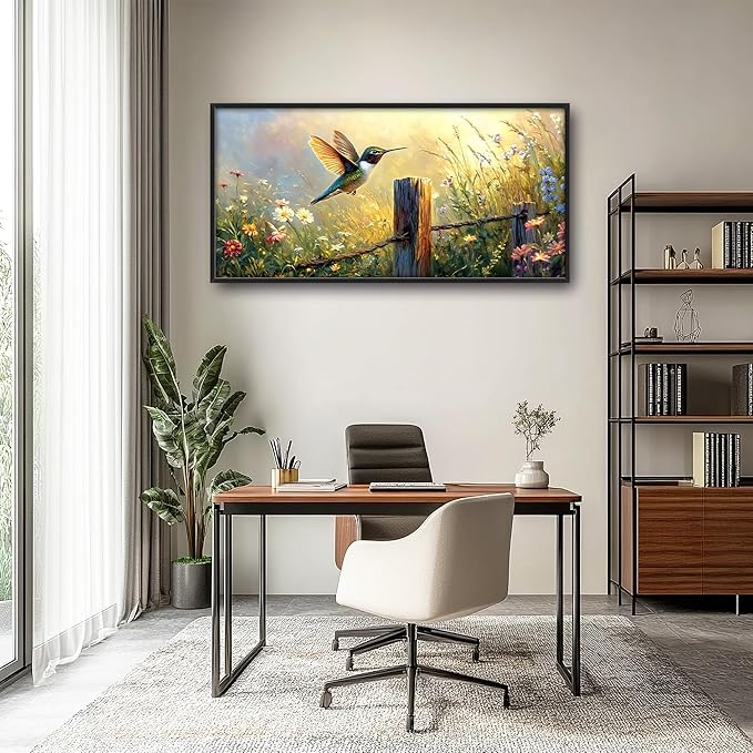 Hummingbird Flower Large Wall Art Farmhouse Framed Wall Decor for Living Room Bird Floral Pictures Oversized Canvas Print Painting Modern Extra Large Framed Artwork for Bedroom Office 60"x30"