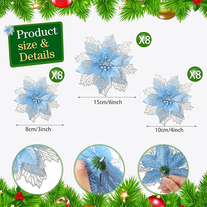 Geosar 24 Pieces Christmas Glitter Poinsettia Flowers Layered Artificial Xmas Flowers Wedding Christmas Tree New Year Ornaments 3/4/6 Inch(Blue)