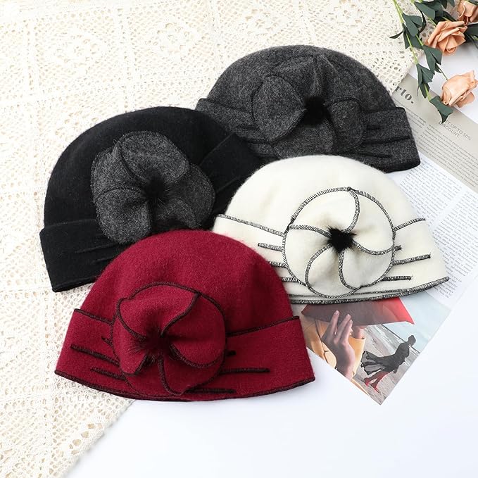 Sumolux Beanie Hats for Women Wool Skull Cap Beret Floral Cuffed French Vintage Dress Cloche Classic Winter 1920s