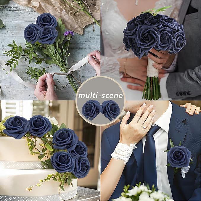 100Pcs Navy Blue Artificial Flowers Roses Real Looking Foam Fake Roses with Leaves and for DIY Wedding Bouquets Bridal Shower Centerpieces Party Decorations (Navy Blue, 100)
