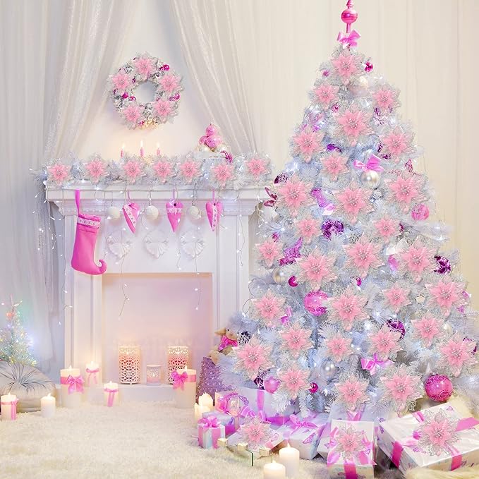Geosar 24 Pieces Christmas Glitter Poinsettia Flowers Layered Artificial Xmas Flowers Wedding Christmas Tree New Year Ornaments 3/4/6 Inch(Pink)
