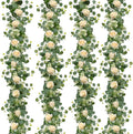 TOCHGREEN 4Pcs(26 Ft) Artificial Eucalyptus Flower Garland with Champagne Rose Flowers,Faux Rose Vine Gypsophila,Floral Greenery for Party Wedding Table Decor (Champagne, 4PCS)