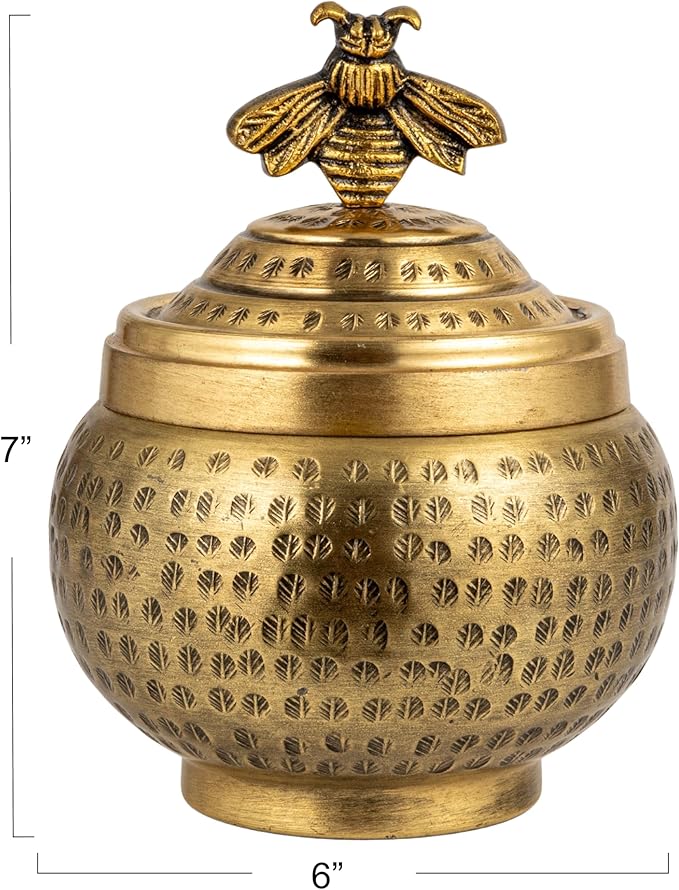 Round Hammered Metal Container with Bee Finial, Brass Finish