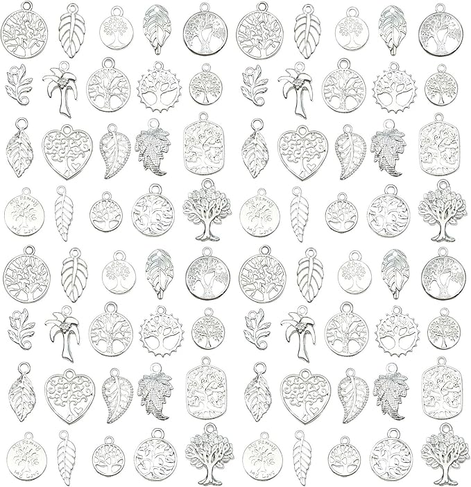 WOCRAFT 60pcs Bright Silver Tree Leaf Charms Bracelet Charms for Jewelry Making Sets DIY Necklace Bracelet Keychain Crafting Charms Kit Craft Supplies (SN891)