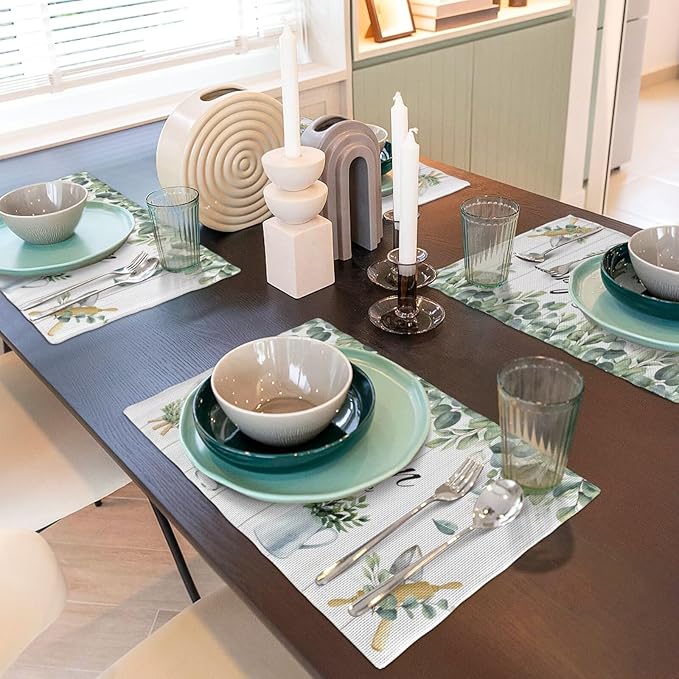 Eucalyptus Leaves Kitchen Table Placemats Set of 4 Rustic Green Plant Print Placemat Indoor Outdoor Party Home Desktop Dining Room Decoration 12x18 Inch