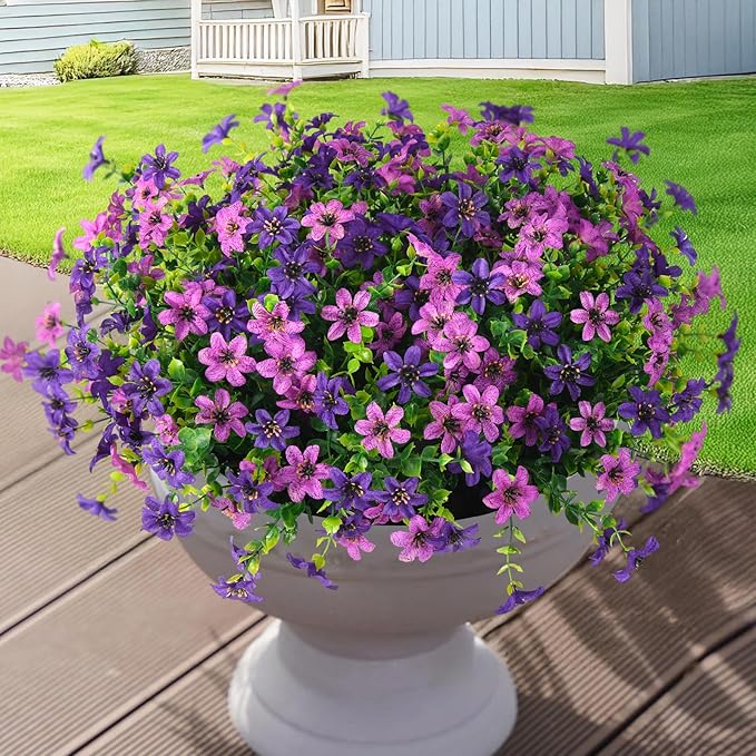 Homsunny Artificial Mums Fake Flowers for Outdoors Decor, 12 Bundles Faux Plants Silk Daisy Flower Outside UV Resistant Decoration for Home Window Patio Porch Yard(Purple)