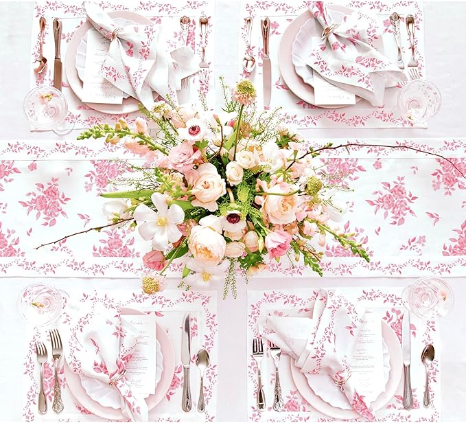 Solino Home Pink Floral Print Table Runner 120 Inches Long - 100% Pure Linen Table Runner 14 x 120 Inch - Handcrafted and Machine Washable - Jolie Fleur Print