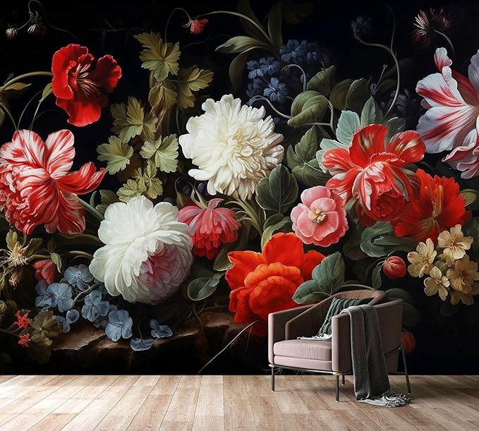 PYFFYP- Dark Floral Wallpaper Peony Wall murals for Bedroom(Not Peel and Stick)