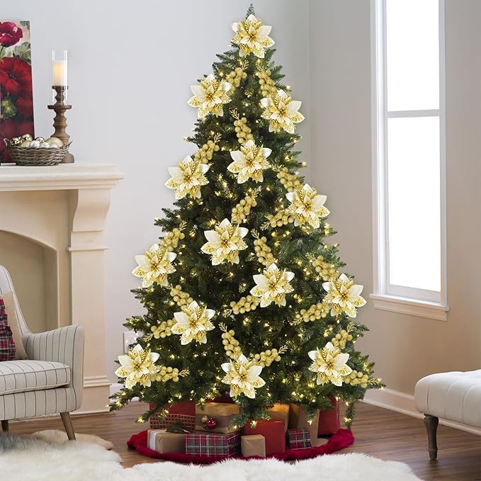 50pcs Glitter Poinsettia Christmas Ornaments, Artificial Flowers with Clips Stems for DIY Wreath Making, Holiday Home Party Decorations, Indoor Use (Gold)