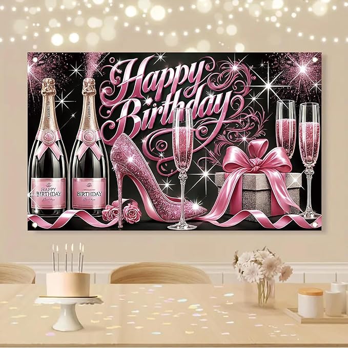 Happy Birthday Backdrop Banner Glitter High Heels Wine Glass Photography Background Poster for Women Girls Birthday Party Decorations Supplies 71 x 43 Inch