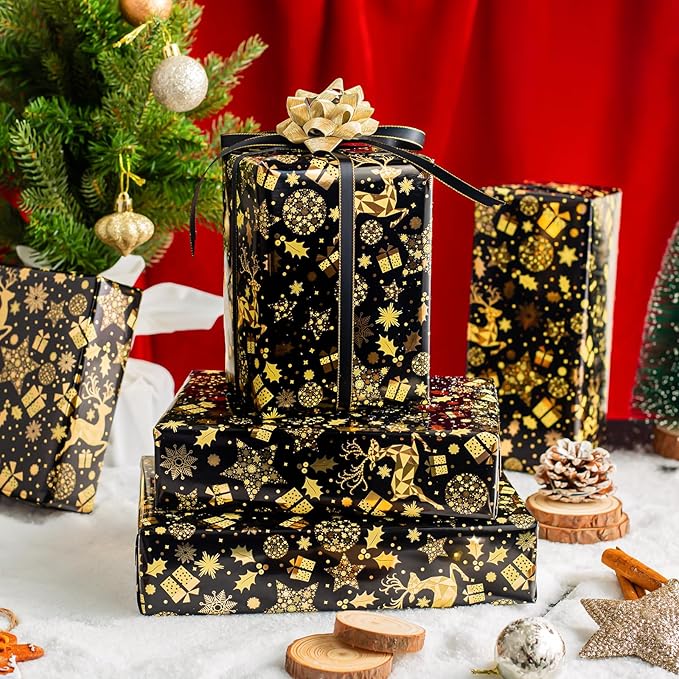 MAYPLUSS Shiny Christmas Wrapping Paper Roll - 17 Inch X 33 Feet - Luxury Metallic Foil Golden Reindeer Gift Snowflake Star on Black Design Winter Holiday Gift Wrap Paper for Party Birthday Wedding