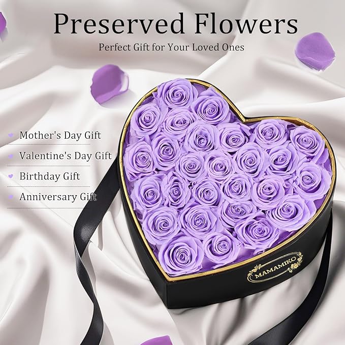 27 Preserved Roses in Heart Shape Gift Box for Her - Forever Flowers for Delivery, Eternal Rose Mothers Gifts for Mom, Wife Anniversary Birthday Gifts for Women, Purple
