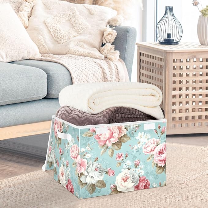 susiyo Cute Floral Pattern Storage Bins with Lids and Carrying Handle Foldable Storage Boxes Organizer Containers Baskets Cube Shelf organizers for Clothes Toys Office