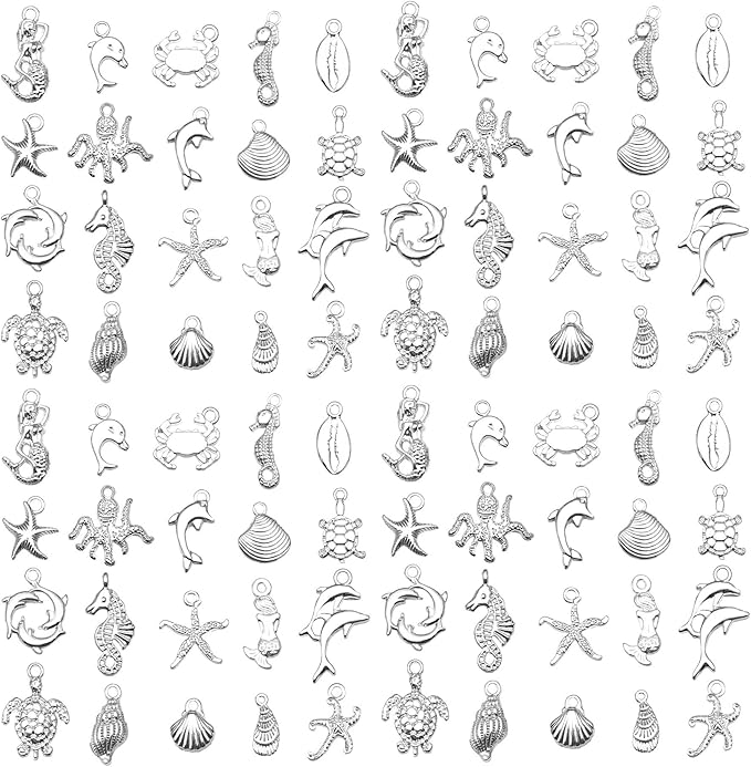 WOCRAFT 60pcs Bright Silver Ocean Bracelet Charms for Jewelry Making Sets DIY Necklace Bracelet Keychain Crafting Charms Kit Craft Supplies (SN885)