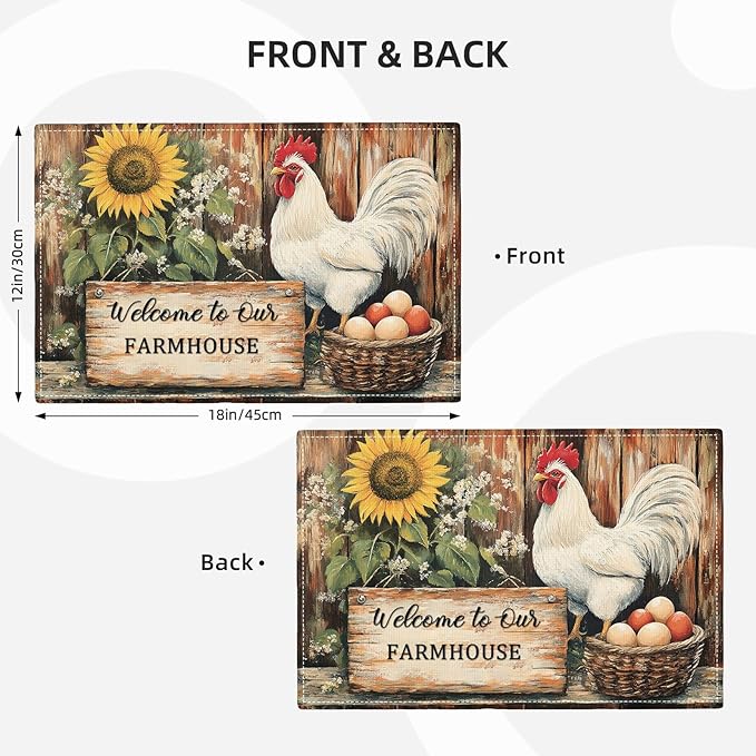 Farmhouse Rooster Placemats Set of 6, Rustic Chicken Place Mats, Country Sunflower Dining Table Mats, Washable Placemats for Kitchen Dining Room Home Decor 18L'' × 12W''