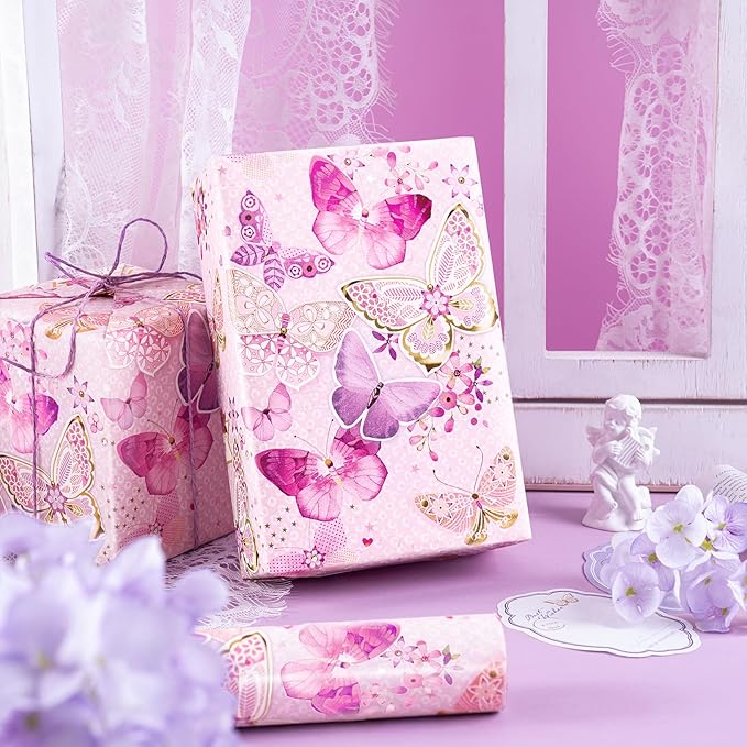 WRAPAHOLIC Pink Butterfly Wrapping Paper Roll - Mini Roll - 17 Inch x 9.8 Feet - Fantasy Butterfly Design, Perfect for Birthday, Wedding, Bridal Shower
