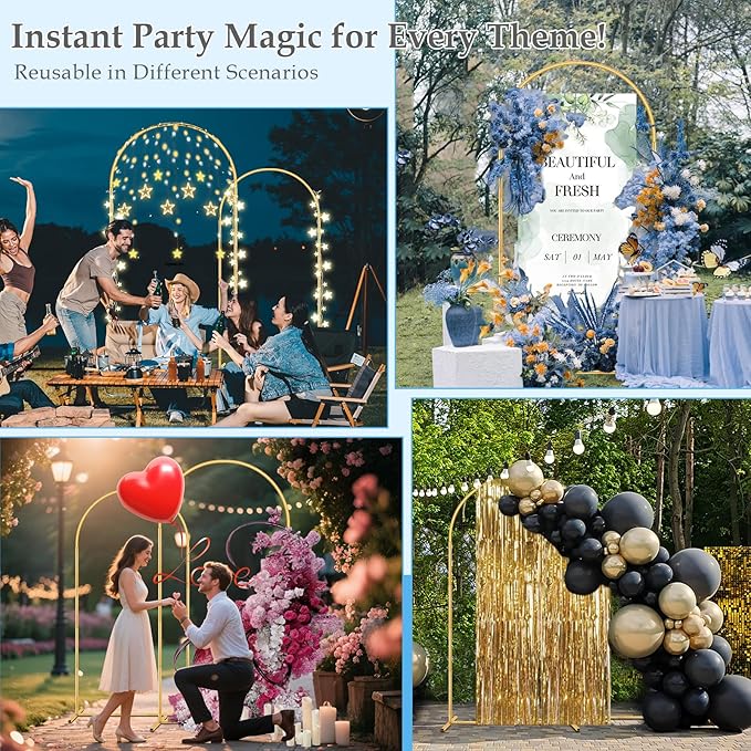 Arch Backdrop Stand, 7.2FT 6FT Wedding Arch Gold Set of 2, Metal Balloon Arch Kit Stand with Base for Gender Reveal Ceremony Birthday Anniversary Bridal Graduation Party Event Background Decoration