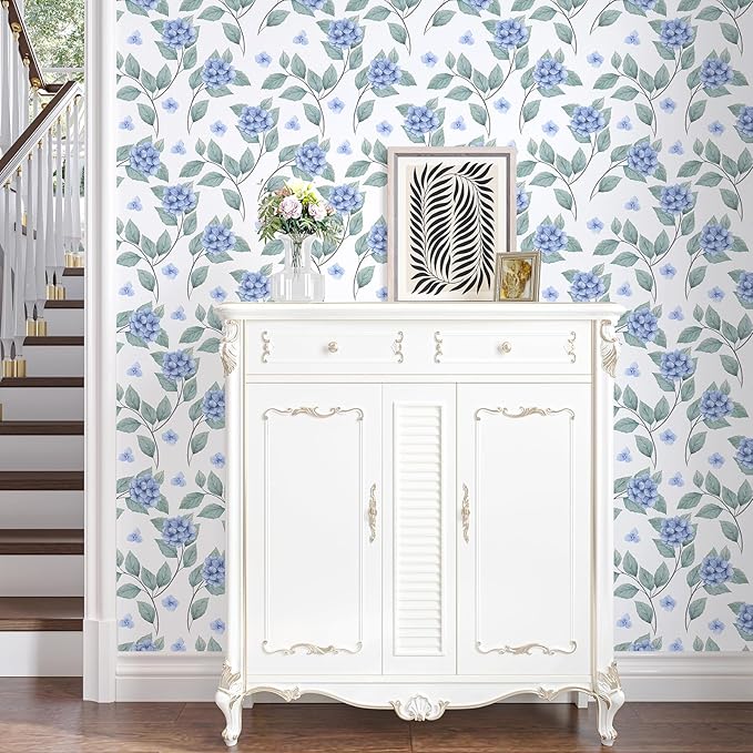 Blue Floral Peel and Stick Wallpaper Boho Hydrangea Floral Contact Paper for Cabinets Drawers 17.7"x160" Prepasted Watercolor Flower Wall Paper Blue and White Botanical Wallpaper for Bedroom