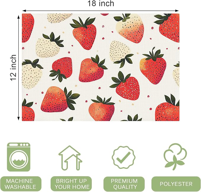 Sweet Strawberry Placemats Set of 4 Washable Table Mats Spring Summer Fruit Heat-Resistant Cotton Linen Place Mats for Dining Table Kitchen Indoor Outdoor Party Holiday Decor