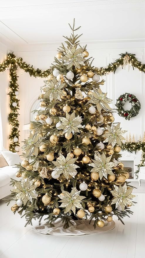 3 Pcs Artificial Christmas Flowers 13 Inch Glitter Poinsettia Picks Christmas Tree Ornaments Topper Decorations Champagne Poinsettias Flowers for Xmas New Year Wreath Garland Wedding Home Decor