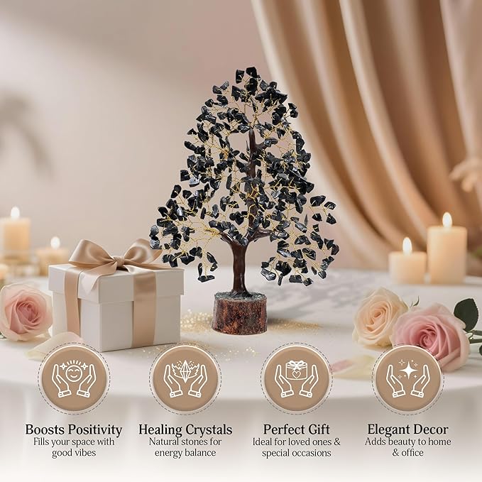 FASHIONZAADI Black Tourmaline Gemstone Tree - Crystal Tree of Life - Crystals and Stones Home Office Decor - Good Luck Gifts for Women
