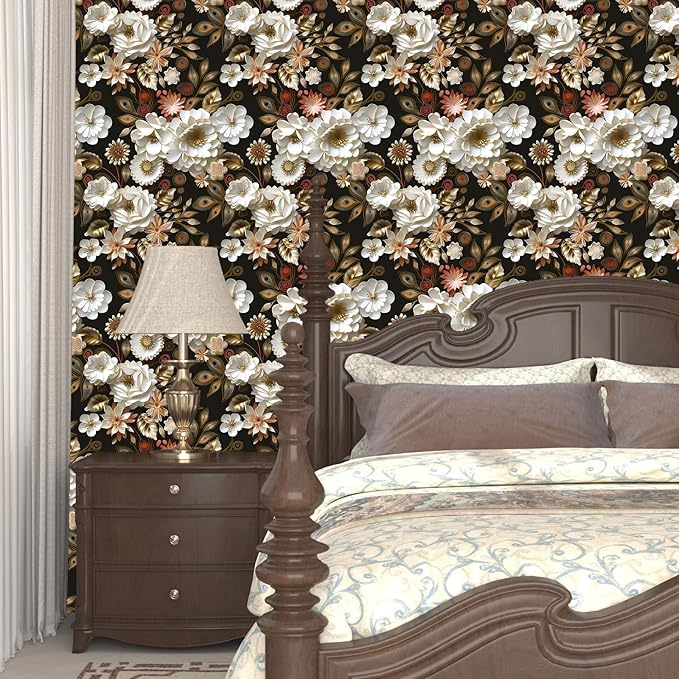 White Gold Floral Wallpaper Peel and Stick Dark Flower Contact Paper 17.5in x 393in Vintage Wallpaper Vinyl Waterproof Self Adhesive Boho Leaf Botanical Wall Paper for Bedroom Cabinet Table Decoration
