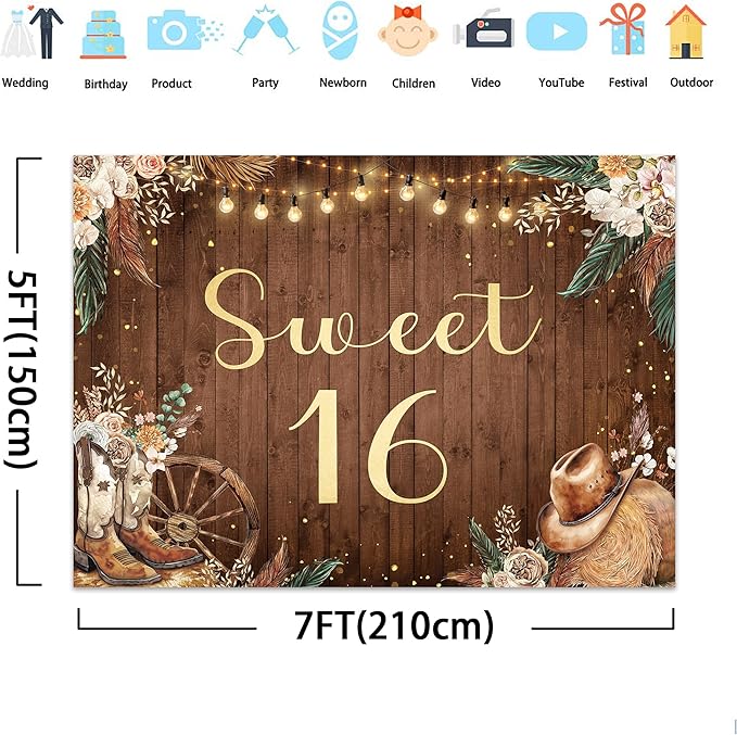 SVBright Sweet 16 Backdrop 7Wx5H Western Cowgirl Retro Boho Pampas Grass Country Flower Floral West Rustic Wooden Boots Hat Farmhouse Decorations Photography Background Banner Photo Booth Studio