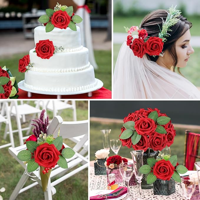 AmyHomie 25pcs Real Looking Artificial Red Roses w/Stem for DIY Wedding Bouquets Centerpieces Arrangements Party Baby Shower Valentines Day Christmas Tree Decorations