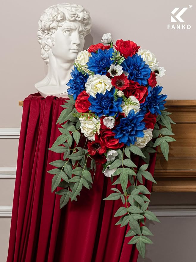 FANKO Artificial Flower Memorial Day Flowers, Mixed Red Blue White Silk Flowers Bouquet Fake Rose Blue Dahlia for Veterans Day Independence Day Grave Patriotic Decor