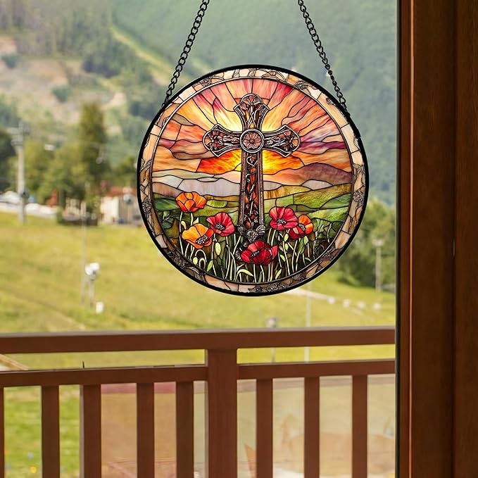 Christian Gifts for Women - Cross Stained Glass Window Hanging Jesus Easter Poppy Sunset Landscape Sun Catcher Garden Religion Decor Mother's Day Catholic Gift for Men Grandma Mom Her 9.8"