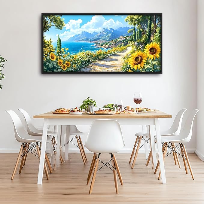 Coastal Sunflowers Large Wall Art Framed Wall Decor for Living Room Ocean Coast Pictures Oversized Canvas Print Painting Modern Extra Large Framed Artwork for Bedroom Office Home Decor 60"x30"
