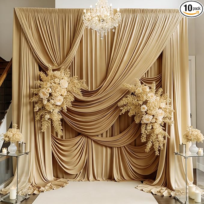 PartyVillage 50ft×15ft Beige Backdrop Curtain for Wedding Parties, 10 Panels Wrinkle Free 15 FT Long Polyester Photo Backdrop Drapes Back Drop Cloth for Birthday Photography Background