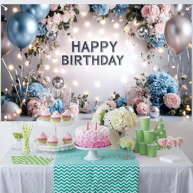 Blue Pink Happy Birthday Backdrop Banner Floral Balloon Photography Background Elegant Birthday Decorations Party Supplies Photo Booth Props 71x43 Inch