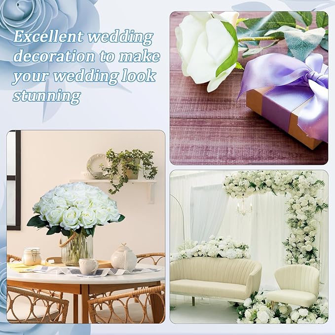 30pcs Fake Roses Artificial Silk Flowers Long Stems Bouquet for Wedding Bridal Shower Party Home Decoration (White)