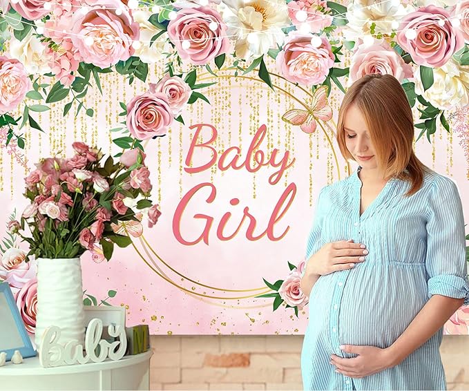 InMemory Pink Rose Baby Girl Baby Shower Backdrop Banner Decorations for Girl,Rose Gold Floral It's a Girl Banner Photography Background for Sweet Girls Baby Shower Party Decor Photo Booth Props 5x3ft