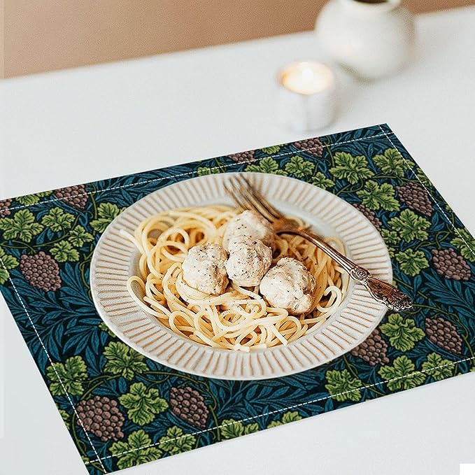 William Morris Vintage Botanical Placemats Set of 6, Retro Grapes Vines Flower Boho Plant Place Mats, Heat Resistant Non Slip Cotton Linen Dining Table Mats for Home Kitchen Party 18x12 Inch
