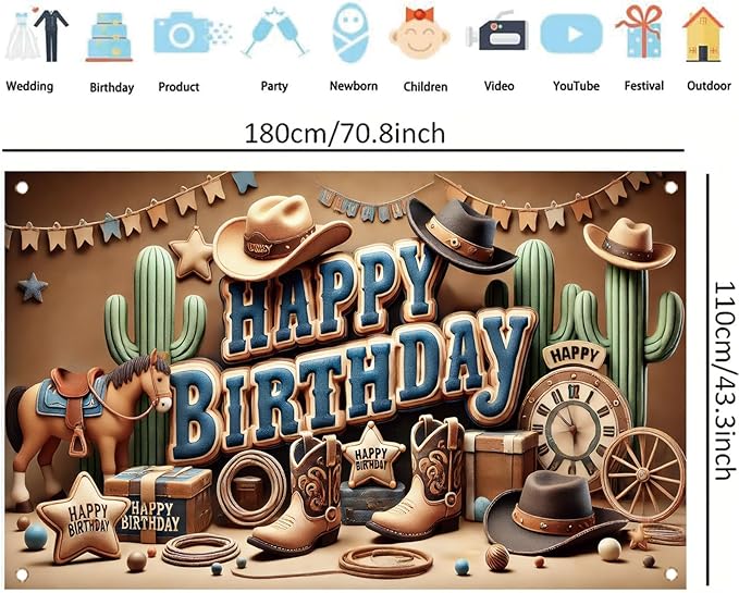 Western Cowboy Happy Birthday Banner Backdrop Rustic Wild West House Barn Photo Banner Party Decorations Boots Hat Cactus Horse Rope Photo Background Props 71 x 43 inch