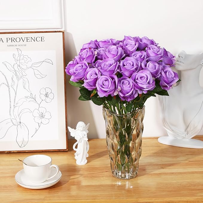 80 Pcs Roses Artificial Flowers, Silk Purple Artificial Flowers Petals Long Stem Roses for Wedding Bouquet Home Party Decor